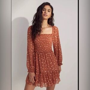 Wilfred X Aritzia Tempest Polka Dot Smocked Sheer Sleeve Tiered Dress Size XL
